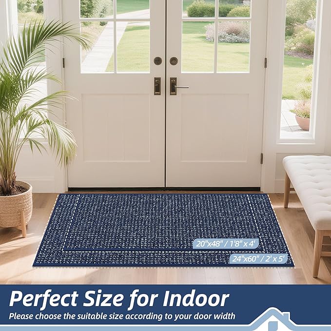 BEQHAUSE Dirt Trapper Door Mat 24" x 60", Non-Slip Washable Doormats Entrance Mat, Dirt Resistant and Absorbent Welcome Mat, Low Profile Floor Mats for Front Back Door and Entryway, Blue