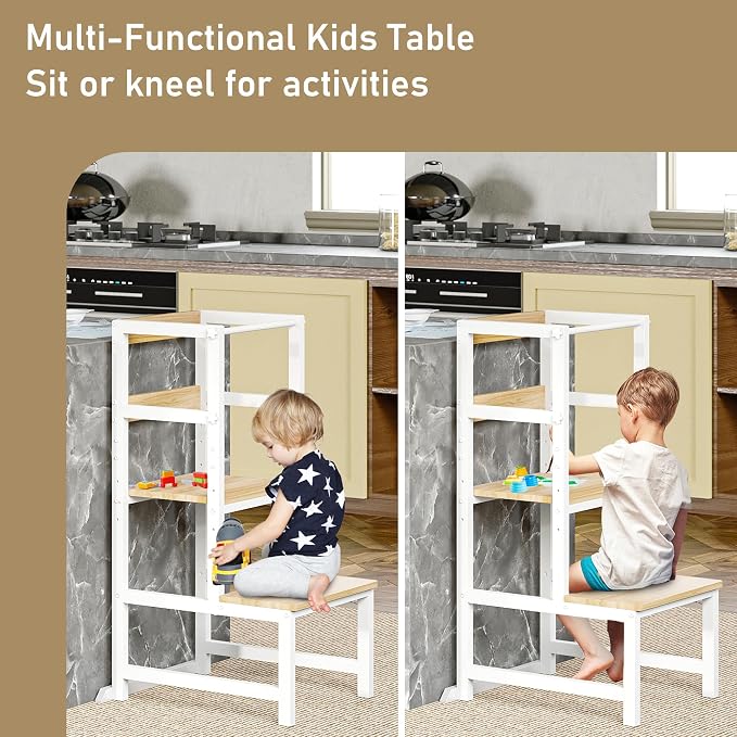 INNOD Kitchen Step Stool for Toddlers, Height Adjustable Toddler Tower with Safety Rail, Steel and Wood Toddler Kitchen Stool Helper Kids, Stool for Kids, Learning Tower, Kids' Desk Wood White