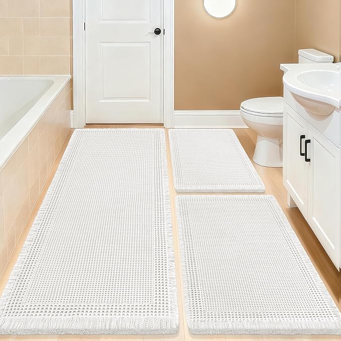 IM HOME Upgrade Waffle Bath Mat Set 3 Piece, Boho Bathroom Rugs Absorbent Non Slip, Soft Bathroom Mats, Machine Washable Knit Bath Rugs with Border for Bathroom, Bedroom, Kitchen, Shower, Tub, White