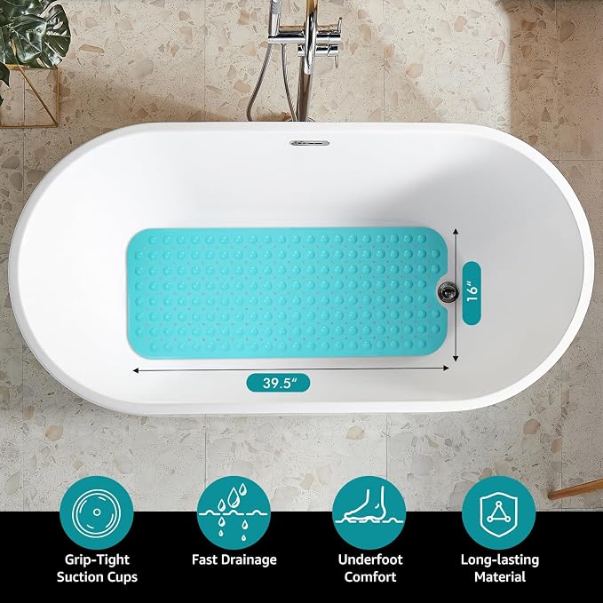 WarmSnow Long Bathtub Mat Non Slip 39.5 x 16 Inch, Inside Shower Mats with Suction Cups & Drain Holes, Soft TPE Bath Mat for Tub, Quick-Drain Bathroom Floor Mats, Blue