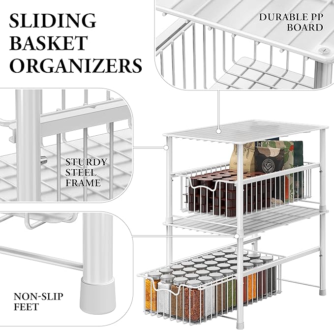 Simple Houseware Stackable Under Sink Cabinet Sliding Basket Organizer Drawer, White