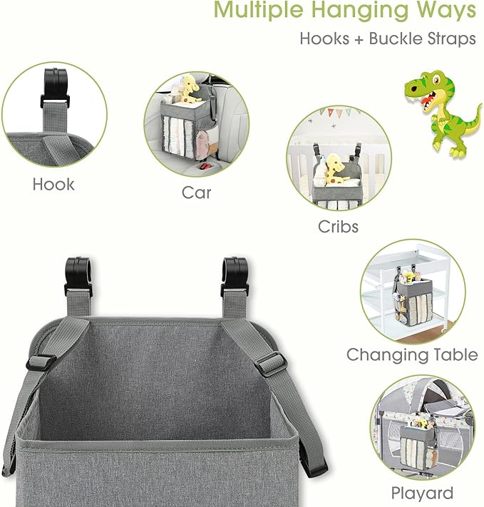 Maliton Changing Table Diaper Organizer - Baby Hanging Diaper Stacker Nursery Caddy Organizer for Cribs Playard Baby Essentials Storage (Gray)
