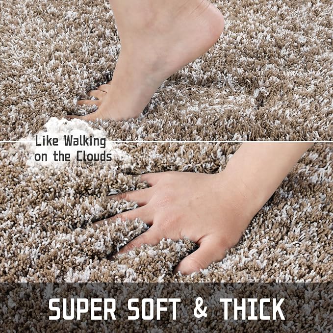 Yimobra Toilet Rugs U Shaped Washable 24X20, Ultra Soft and Water Absorbent Bath Mats, Non Slip Fluffy Shaggy Luxury Microfiber Contour Bath Rugs for Toilet, Dry Quick, Light Brown and White