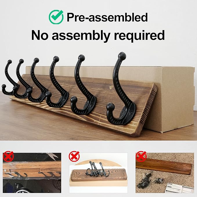 WEBI Rustic Coat Rack Wall Mount,24" Long 6 Cast Iron Coat Hooks Wall Mounted,Heavy Duty Wood Wall Coat Hanger Hooks for Hanging Coats,Jacket,Clothes,Backpack,Farmhouse,Brown