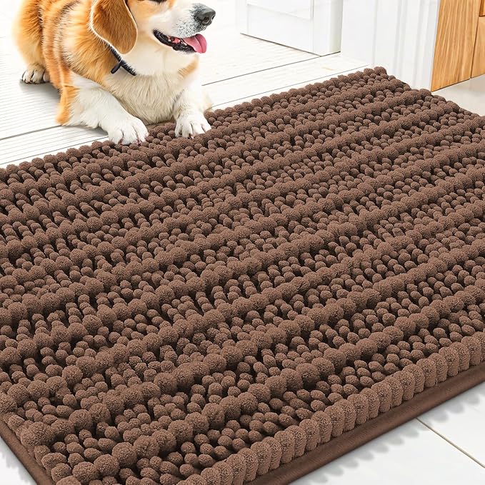 Smiry Dog Door Mat for Muddy Paws 30x20, Absorbent Dirt Trapper, Non-Slip Washable Chenille Entryway Rug for Inside Floor, Mocha, Layered Pattern