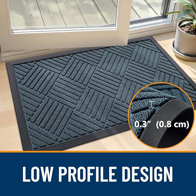 OLANLY Front Door Mat Outside Entrance 47x23, Absorbent, Heavy Duty Sturdy Natural Rubber Doormat Indoor Outdoor, Stain Fade Resistant, Non-Slip Low Profile Floor Mat for Entryway, Lake Blue Diamond