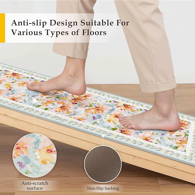 Anti Fatigue Kitchen Mats 2PCS Thick Non Slip Cushioned Rugs Blue Abstract Floral Waterproof Comfort Standing Mats for Floor Sink Laundry Office 17.3"×47"+17.3"×30"