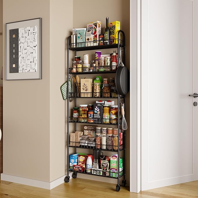 Slim Rolling Storage Cart with Wheels, Metal 6 Tier Spice Rack Mobile Shelving Unit Organizer Kitchen Utility Cart for Office Bathroom Kitchen Laundry Room Narrow Places (6inches)