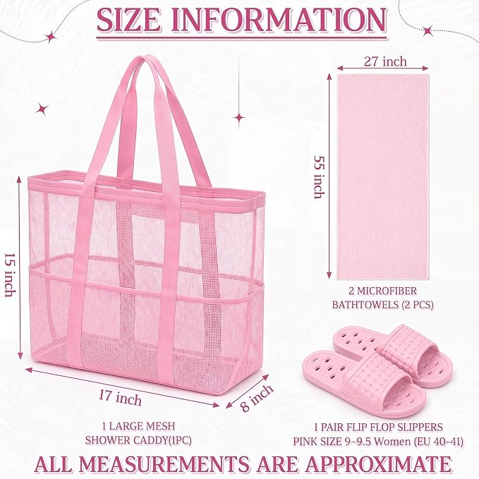 Hosuly 3-in-1 Dorm Shower Kit Large Mesh Shower Caddy, 2 Pack Quick Dry Microfiber Towels 28'' x 55''& Non-Slip Bathroom Shoes, and Quick Dry Gym Travel Kit for Women