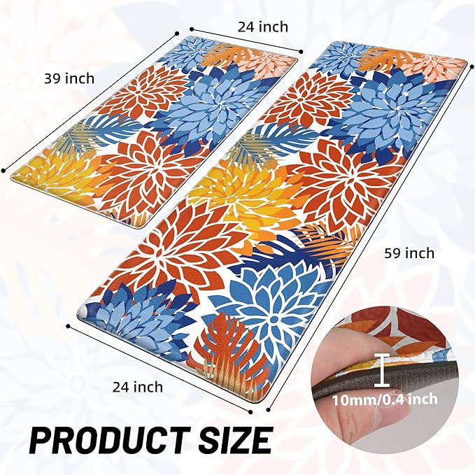 Arenarug Kitchen Mats for Floor 2PCS Cushioned Anti Fatigue Kitchen Mats Waterproof Non Slip Kitchen Mat Rug Set Comfort Foam Standing Mat for Sink, Laundry, Office, 24"x39"+24"x59", Red Blue
