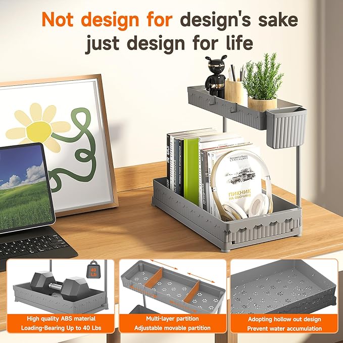 Sevenblue 3 Pack Multi-Purpose Pull-Out Storage Organizers, 2-Tier L-Shaped Under Sink/Cabinet Organizers and Storage for Bathroom & Kitchen,Grey,14.85 Inch