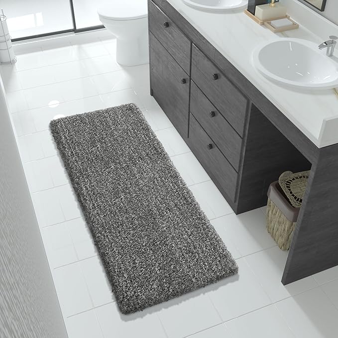 Yimobra Luxury Bathroom Rugs, Fluffy Bath Mats, Non Slip, Water Absorbent Microfiber, Machine Washable, Plush Runner Shower Rug, Thick Mat for Bathroom Floor/Tub, 56" X 24", Light Gray and Black Gray