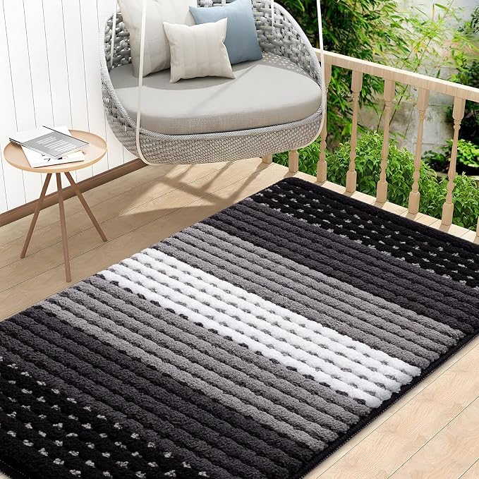 Kitinjoy Indoor Outdoor Door Mat, 48x32 Non-Slip Absorbent Dirt Trapper, Low-Profile Washable Inside Entrance Front Floor Mat, Sturdy Soft Entry Dotted Ombre Doormats for Entryway, Black
