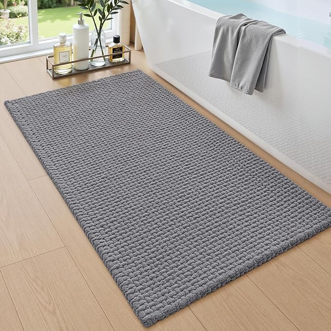 DEXI Bathroom Rugs 43x24, Non Slip Washable Bath Mat, Absorbent Chenille Bathmat, Ultra Soft Thick Carpet for Tub Shower Floor, Grey