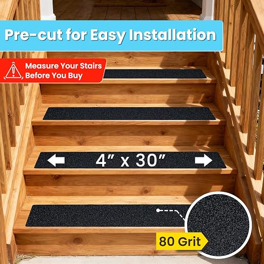 LifeGrip Anti Slip Traction Treads (10-Pack), 4 inch X 30 inch, Best Grip Tape Grit Non Slip, Outdoor Non Skid Tape, High Traction Friction Abrasive Adhesive for Stairs Step, Black (4" X 30" X 10P)