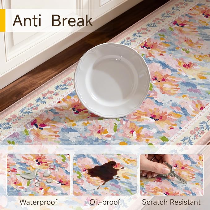 Anti Fatigue Kitchen Mats 2PCS Thick Non Slip Cushioned Rugs Pink Abstract Floral Waterproof Comfort Standing Mats for Floor Sink Laundry Office 17.3"×47"+17.3"×30"