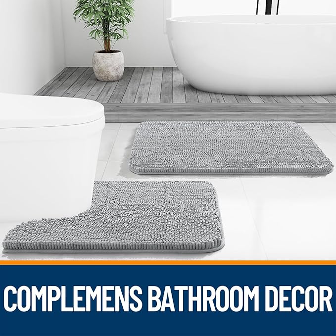 OLANLY Large Bathroom Rugs 44x32, Extra Soft Absorbent Chenille Bath Rugs, Rubber Backing Quick Dry, Machine Washable Bath Mats for Bathroom Floor, Tub and Shower, Home Decor Accessories, Light Grey