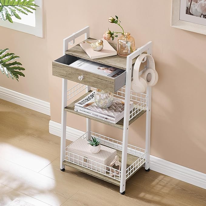 Gewudraw 3-Tier Ladder Shelf with Drawer, Bathroom Table Stand for Small Space, Standing Bathroom Shelves with Storage for Living Room Kitchen Bedroom, Organizer Shelf, White