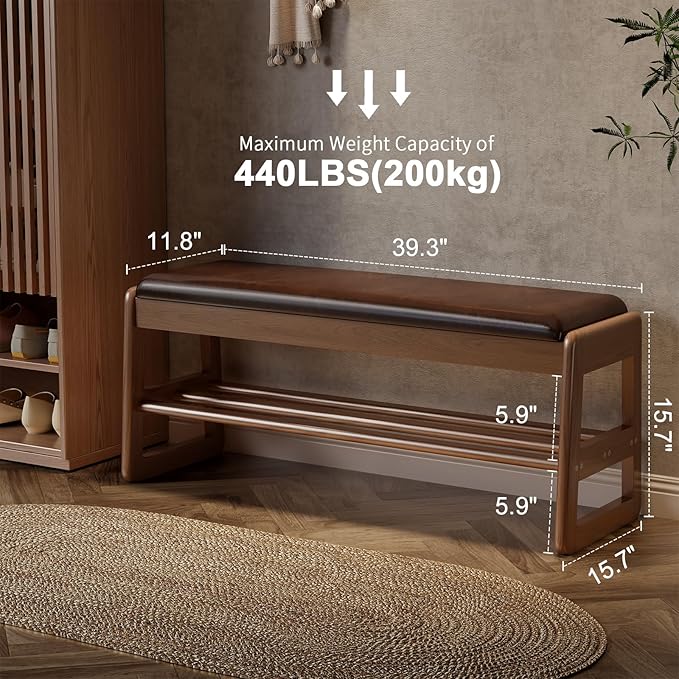 AQIMUELE Shoe Rack Bench,2 Tiers Shoe Bench with Storage with Flip-Top,Wood Shoe Rack for Entryway,Hallway（Dark Walnut Upholstered Seat,11.8" D x 39.3" W x 15.7" H）