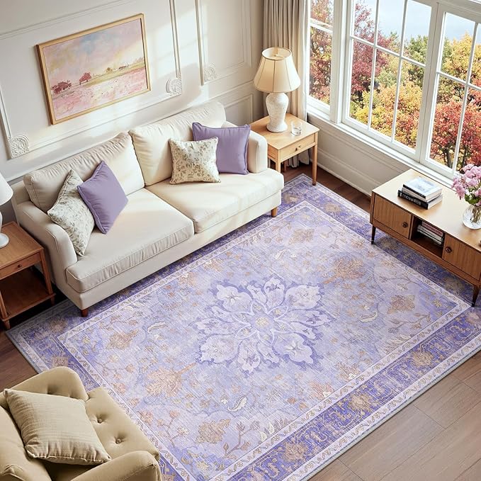 RELEANY Area Rugs 6'x9' Washable Non-Slip, Floral Vintage Distress Medallion Carpet for Living Room Bedroom Dining Room, Light Purple Brown