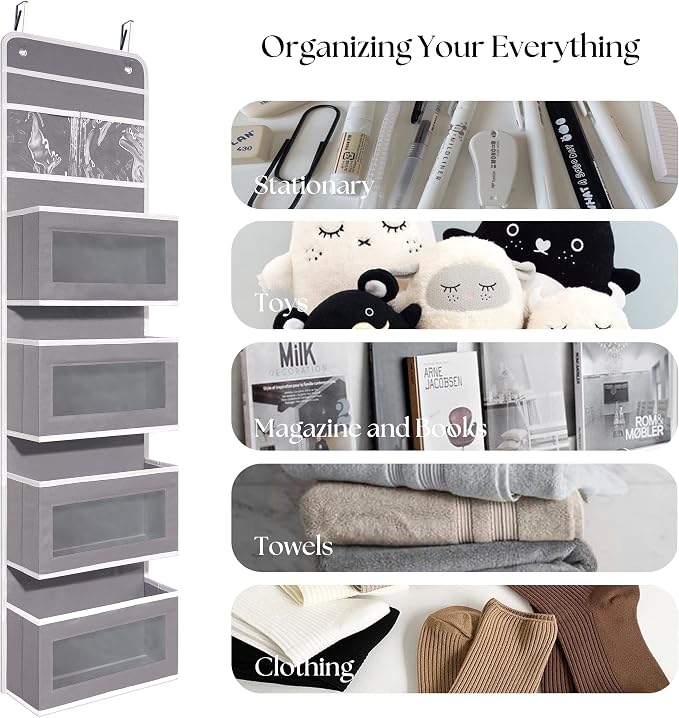 Giraffe Creation Gray Over Door Organizer with 4 Large Clear Pockets, Neutral Hanging Door Storage for Closet, Bathroom, Bedroom, Dorm, Nursery, Toys, Toiletries