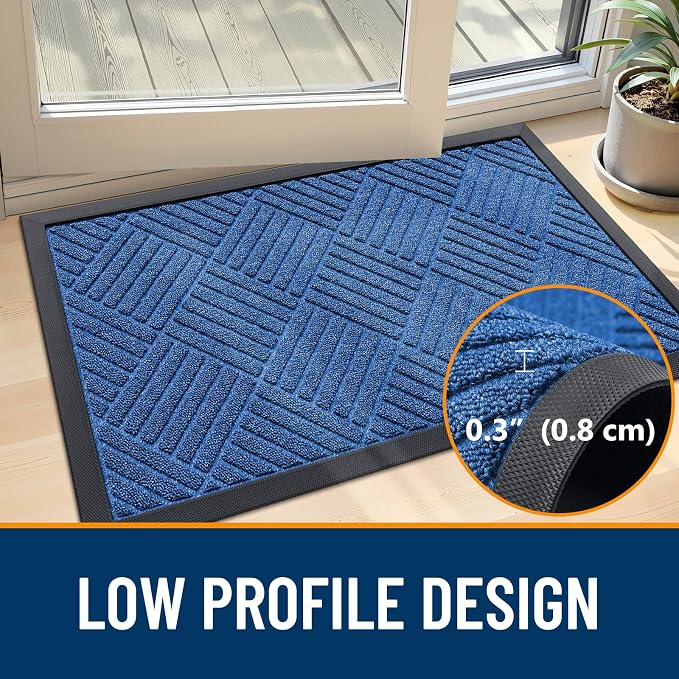 OLANLY Front Door Mat Outside Entrance 33x21, Absorbent, Heavy Duty Sturdy Natural Rubber Doormat Indoor Outdoor, Stain and Resistant, Non-Slip Low Profile Floor Mat for Entryway, Ocean Blue Diamond