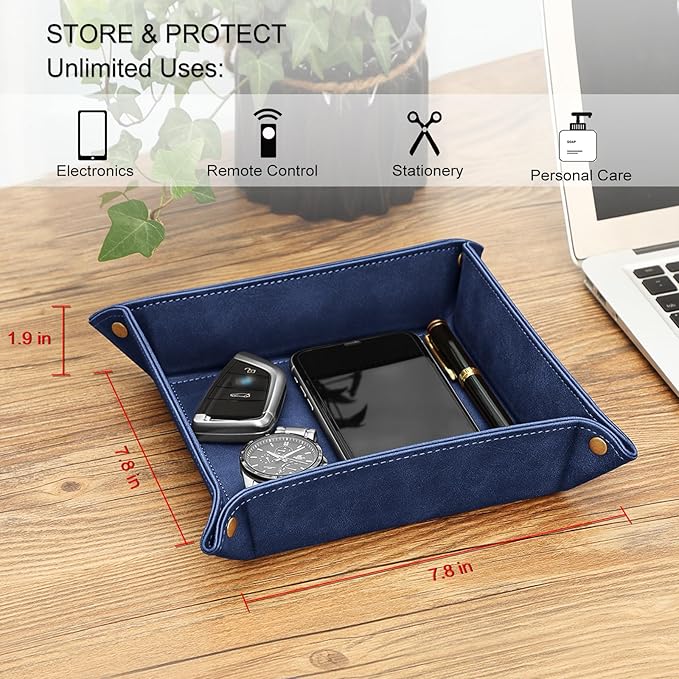 SITHON Valet Tray Desktop Storage Organizer – Premium PU Leather Catchall Bedside Vanity Tray Nightstand Caddy Holder for Keys, Phone, Wallet, Valentine's Day Gift, Dark Blue