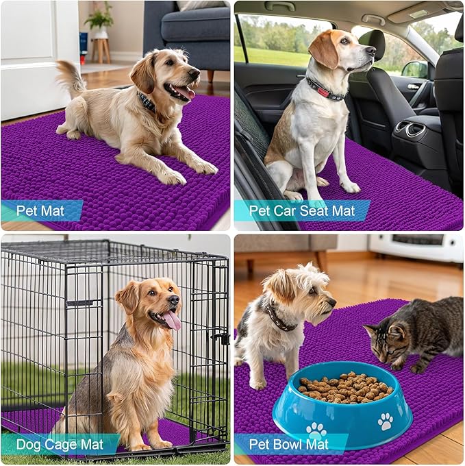 OLANLY Dog Door Mat for Muddy Paws 40x24, Absorbs Moisture and Dirt, Absorbent Non-Slip Washable Doormat, Quick Dry Chenille Mud Mat for Dogs, Entry Indoor Entryway Carpet for Inside Floor, Purple