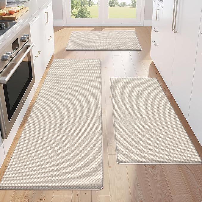KitchenClouds Kitchen Mats for Floor,3PCS Kitchen Rugs,Non Slip Anti Fatigue Mats for Kitchen Floor,Waterproof Sink Mat,Cushioned Standing and Comfort Mats for Office,Khaki