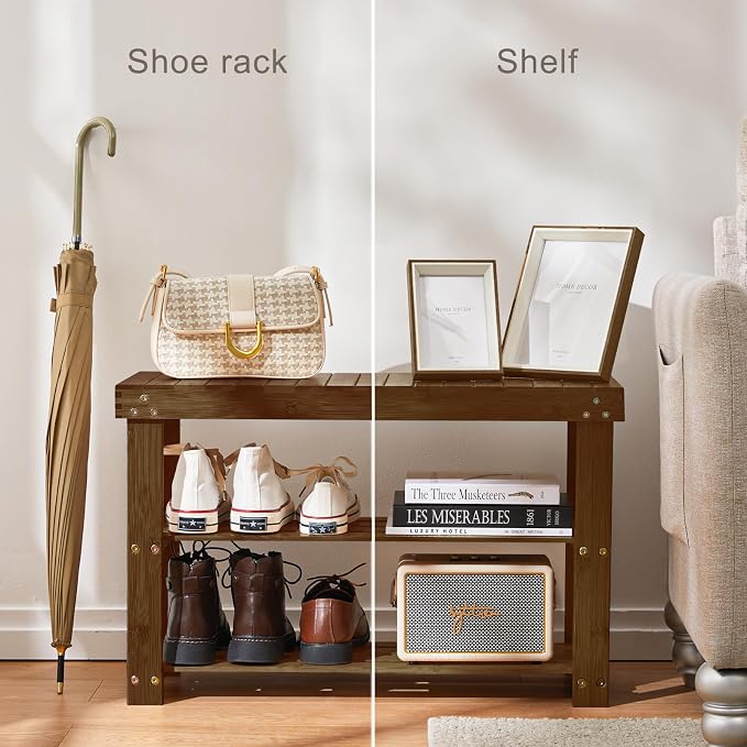 Pipishell Bamboo Shoe Rack Bench, 3 Tier Sturdy Shoe Bench, Storage Shoe Organizer, Holds up to 300lbs for Entryway Bedroom Living Room Balcony, Yellow Brown