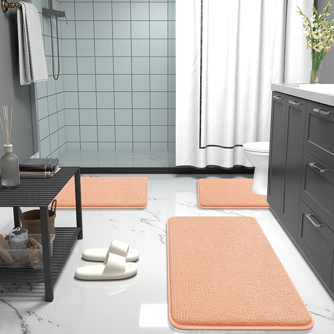 OLANLY Thick Memory Foam Small Bathroom Rugs 24x16, Extra Soft Absorbent Bathroom Mat, Quick Dry Bath Mat, Non-Slip, Machine Washable Carpet for Bathroom, Tub and Shower, Home Decor Accessories, Peach