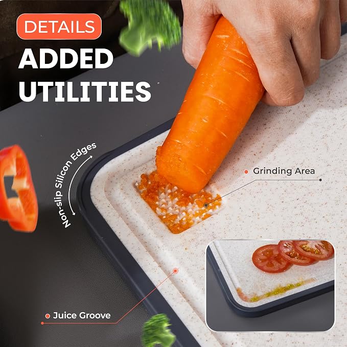 Titanium cutting board for kitchen use. Non-toxic, food-safe, and easy to clean. 2-in-1 double-sided design for meat & veggies. Includes knife sharpener & 2 peelers. Large 16” x 11”.