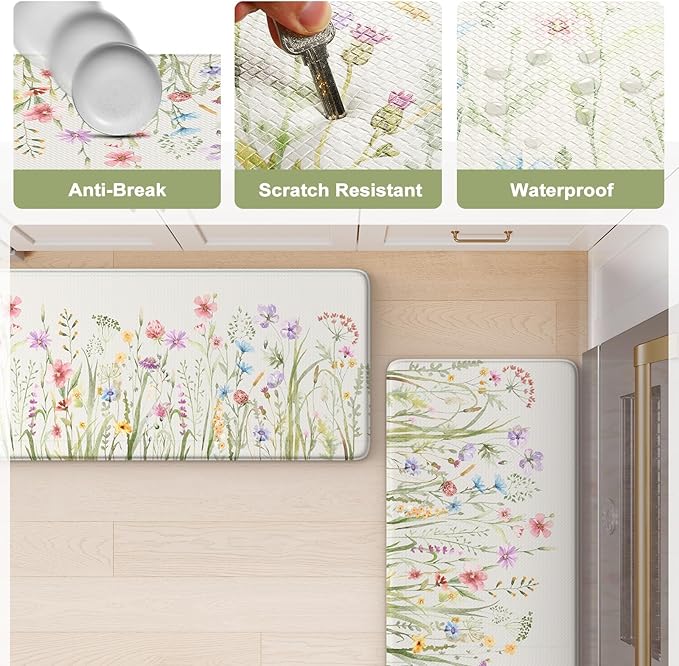 KIMODE Anti Fatigue Kitchen Mats for Floor, Farmhouse Floral Kitchen Rugs 20"x47"+20"x32", Non Slip Waterproof Kitchen Floor Mats, Comfort mats for Kitchen Floor, Sink, Laundry, Desk White