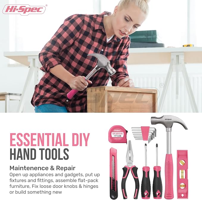 Hi-Spec 58pc Pink 8V USB Electric Power Cordless Drill Driver and Womens Ladies Home DIY Tool Kit Set. Screwdrivers, Drill Bit Set Accessories, Pliers and Hammer In a Toolbox Case