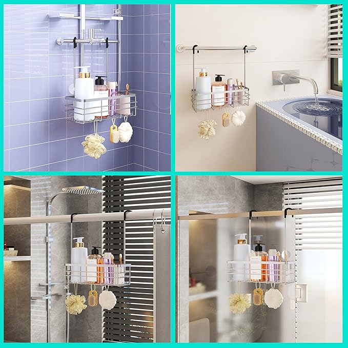 HapiRm Hanging Shower Caddy Organizer - No Drilling Shower Organizer with Hooks, Rustproof & Waterproof 304 Stainless Steel Bathroom Shelves - Silver (1 Basket)