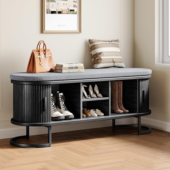 Decofy Storage Bench with Cushion and Sliding Doors, 47.2 Inch Large Entryway Shoe Bench with Sturdy Metal Feet, Multi-Functional for Entrance Hall, Bedroom, Living Room (Black Walnut)