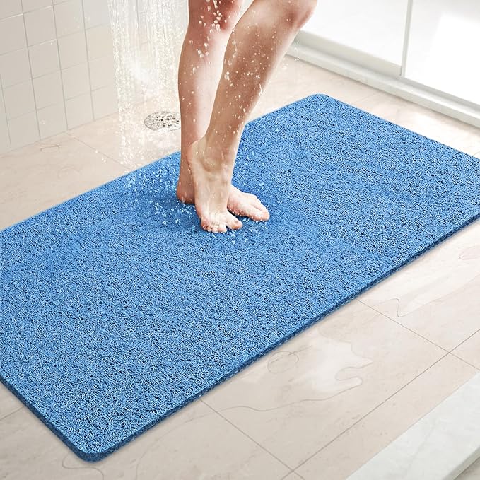 LuxStep Shower Mat Bathtub Mat,36x16 inch, Non-Slip Bath Mat with Drain, Quick Drying PVC Loofah Bathmat for Tub,Shower,Bathroom (Lake Blue)
