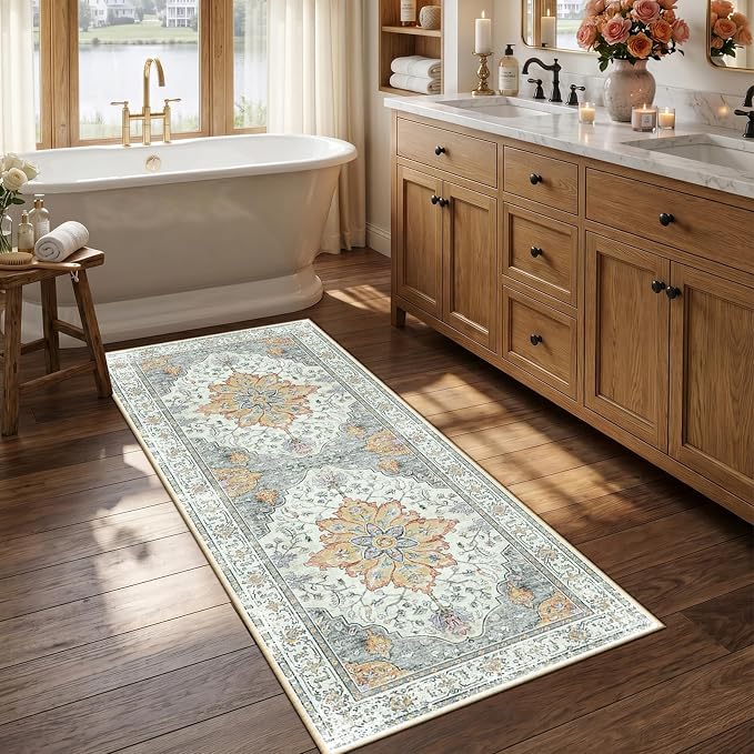 RELEANY Area Rugs Runner 2'6"x5' Washable Non-Slip, Floral Vintage Distress Medallion Carpet for Kitchen Hallway Bedroom Beside Laundry Room Bathroom, Beige Carbon Grey Orange