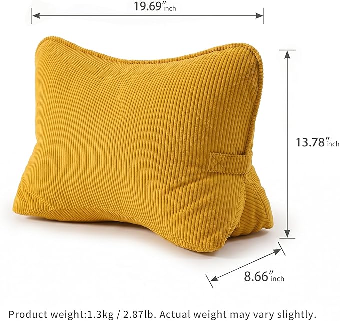 Pat. Pend. Corduroy Reading Back Pillow with Lumbar Support, Triangle Backrest Cushion for Bed Sitting & Relaxing, Support Pillow for Sofa or Headboard, Bright Yellow