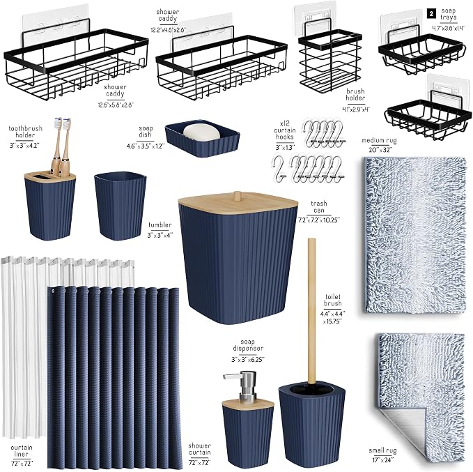 Clara Clark Bathroom Accessories Set - 27PC Bathroom Set with Adhesive Corner Shower Caddy Hanging, Bathroom Sets with Shower Curtain and Rugs, Ombre Navy Shower Curtain Set with Bathroom Trash Can