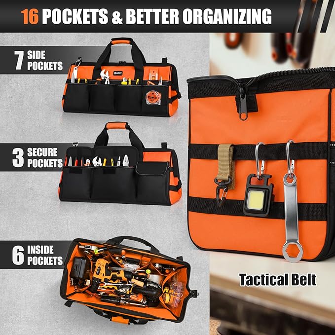 UUP Heavy Duty Tool Bag 20-Inch, Extra Large 16-Pocket Portable Empty Tool Box Organizer Storage, Toolbox Organization, Soft Handle Carrying Toolbag with Zipper, Father Dad Men Mechanic Birthday Gift