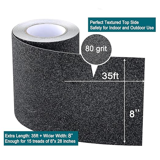 Anti Slip Traction Tape with Roller, 8 Inch x 35 Ft Non Slip Grip Tape for Skateboard, Waterproof Anti Skid Grit for Stair Step Outdoor/Indoor, High Traction Non Skid Abrasive Stair Tread