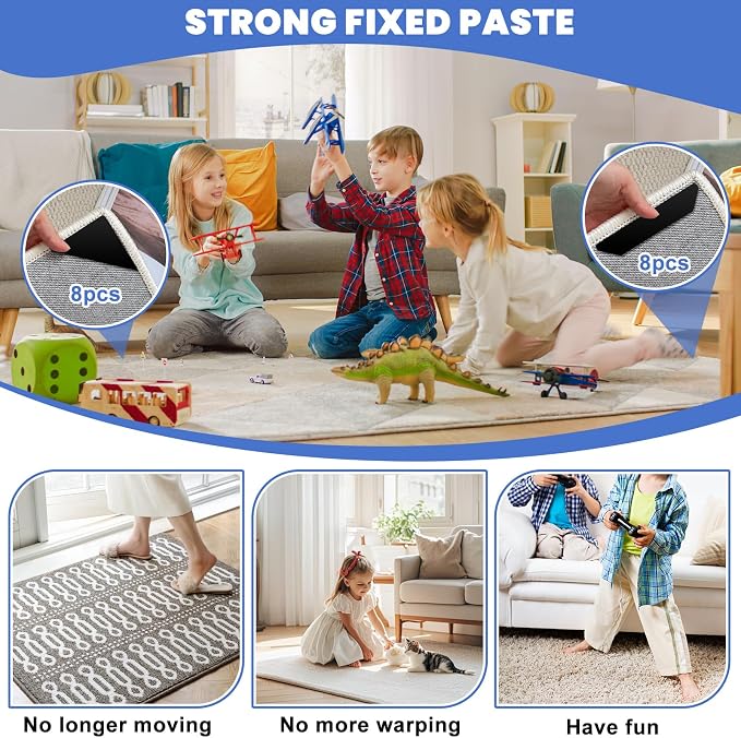 16Pcs Carpet Stickers for Area Rugs, Non-Slip Rug Grippers, Rug Corners to Hold Rug in Place, Heavy Duty Rug Tape for Tile, Stair Rugs, Hardwood Floors No Damage & Hard Floors, Black