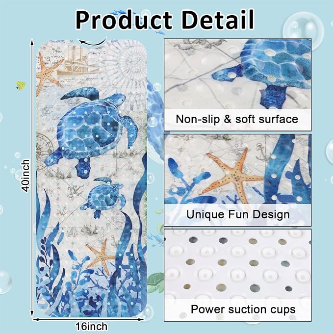 Topotdor Baby Bathtub Mat Non Slip for Kids, 40 X 16 Inch Cute Cartoon Bath Tub Shower Mat Anti Slip with Suction Cups & Drain Holes, Nautical Sea Turtles