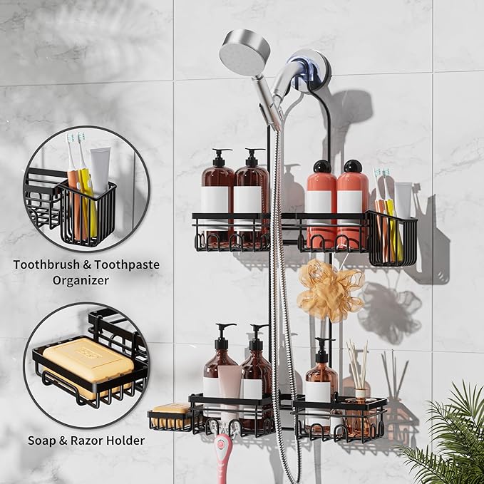 Shower Caddy Hanging with Door Hook - Split Design for Handheld Showerheads, Rustproof Over The Showerheads Bathroom Organizer with Hooks Soap and Toothbrush Holder, Bathroom Accessories Black