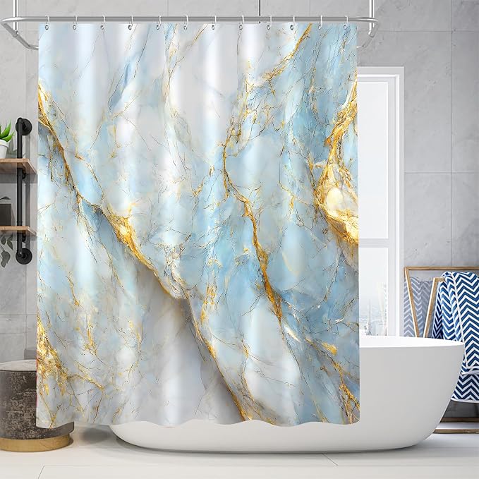 Nkzply 4 Pcs Blue Marble Shower Curtain Set White Bathroom Sets with Shower Curtain and Rugs Gold Modern Abstract Bathroom Decor Accessories Bathroom Rugs Toilet Lid Cover with Hooks
