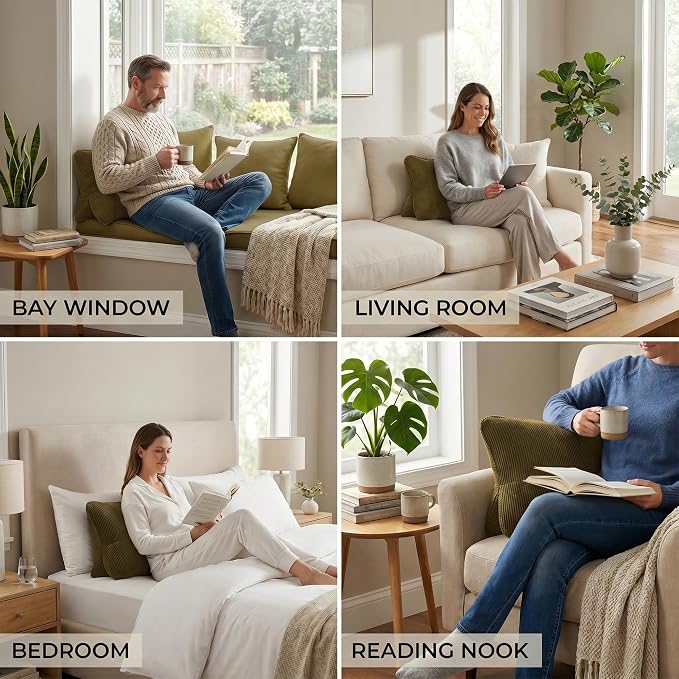 Pat. Pend. Corduroy Triangle Back Pillow with Lumbar Support, Sitting Support Cushion for Bed or Sofa, Relaxing Backrest Pillow, Martini Olive