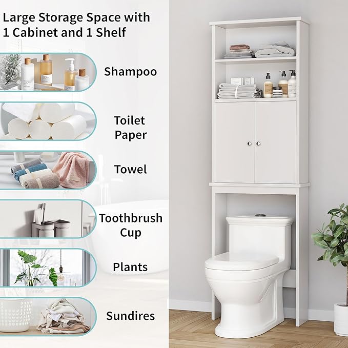Shintenchi Over the Toilet Storage Cabinet, Bathroom Above the Toilet Rack, Bathroom Adjustable Shelf Organizer with Open Bottom Bar and Anti-Tip Device, White