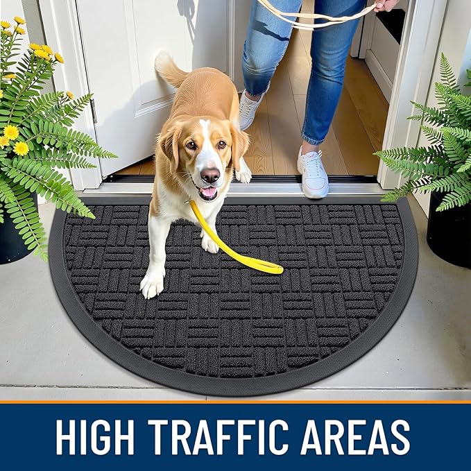 OLANLY Half Circle Door Mat Outside Entrance 29.5x17, Absorbent, Heavy Duty Sturdy Natural Rubber Doormat Indoor Outdoor, Fade Resistant, Non-Slip Backing Low Profile Floor Mat for Entryway, Black