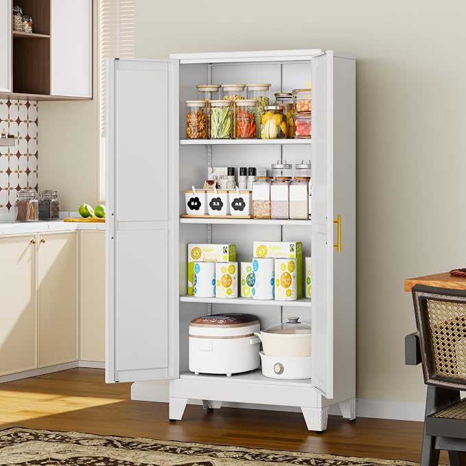 61" White Metal Garage Storage Cabinet with 2 Doors and 3 Adjustable Shelves,Kitchen Pantry Cabinet,File Cabinet,Steel Tool Cabinet for Home,Office,Garage,School,Warehouse